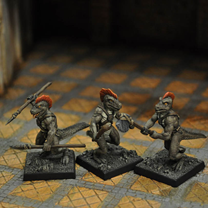 Troglodytes 1 by Crooked Dice. A set of three multi part metal miniatures representing lizard men with spears and primitive weapons making a great edition to your RPGs and tabletop gaming