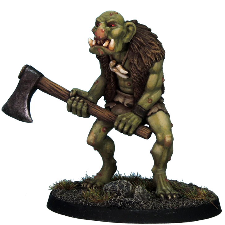 Troll with Axe by Crooked Dice, a resin miniature for your tabletop games representing a troll holding an axe with both hands in front of him, with a loin cloth and a fur sleeveless top
