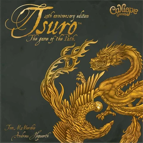 Cover art for the board game Tsurō: The game of the Path, 25th anniversary edition, featuring a large gold dragon on a dark charcoal background with the title in elegant gold script and the Collotype Games logo in the top right. Tsuro The Game of the Path 20th Anniversary Edition board game with faux jade tiles and dragon stone pawns