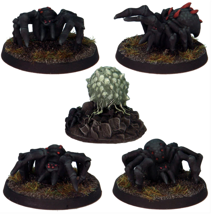 Tunnel Spiders by Crooked Dice, a pack of five white metal miniatures for your tabletop games representing four spiders and one spider egg sack