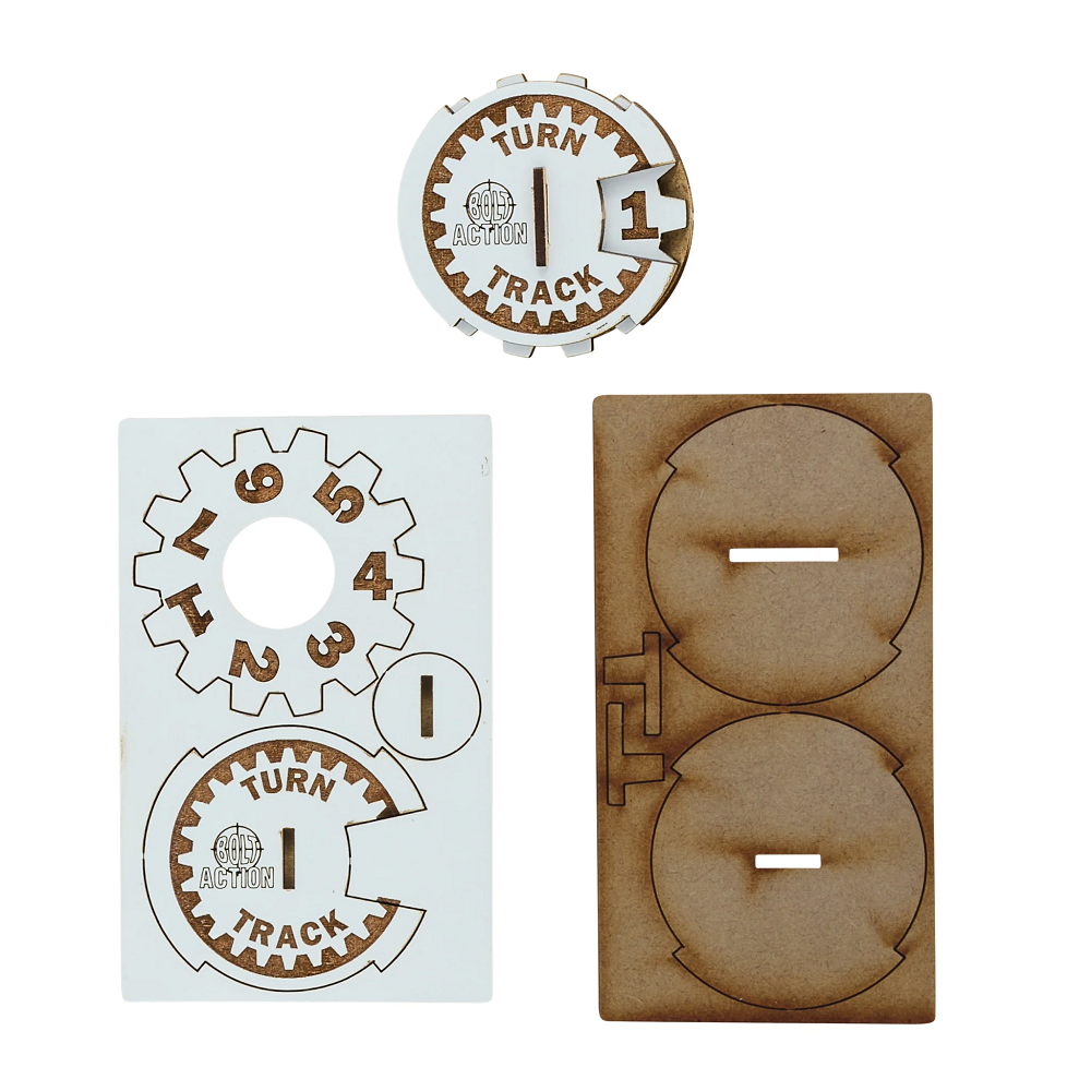 A 28mm scale Bolt Action MDF Turn Tracker, featuring a durable dial for tracking turns. Laser-cut MDF design, easy to assemble, and essential for gameplay.