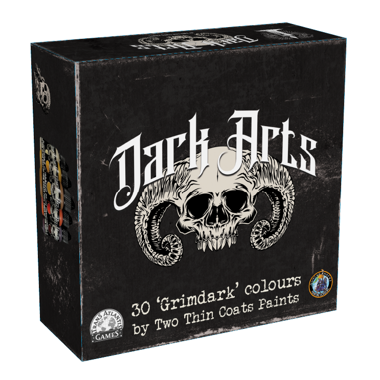 Two Thin Coats The Dark Arts grimdark acrylic paint set for miniatures. Black box with white ram skull and writting 