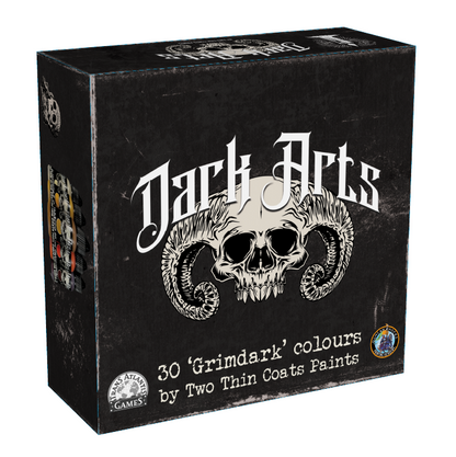 Two Thin Coats The Dark Arts grimdark acrylic paint set for miniatures. Black box with white ram skull and writting 