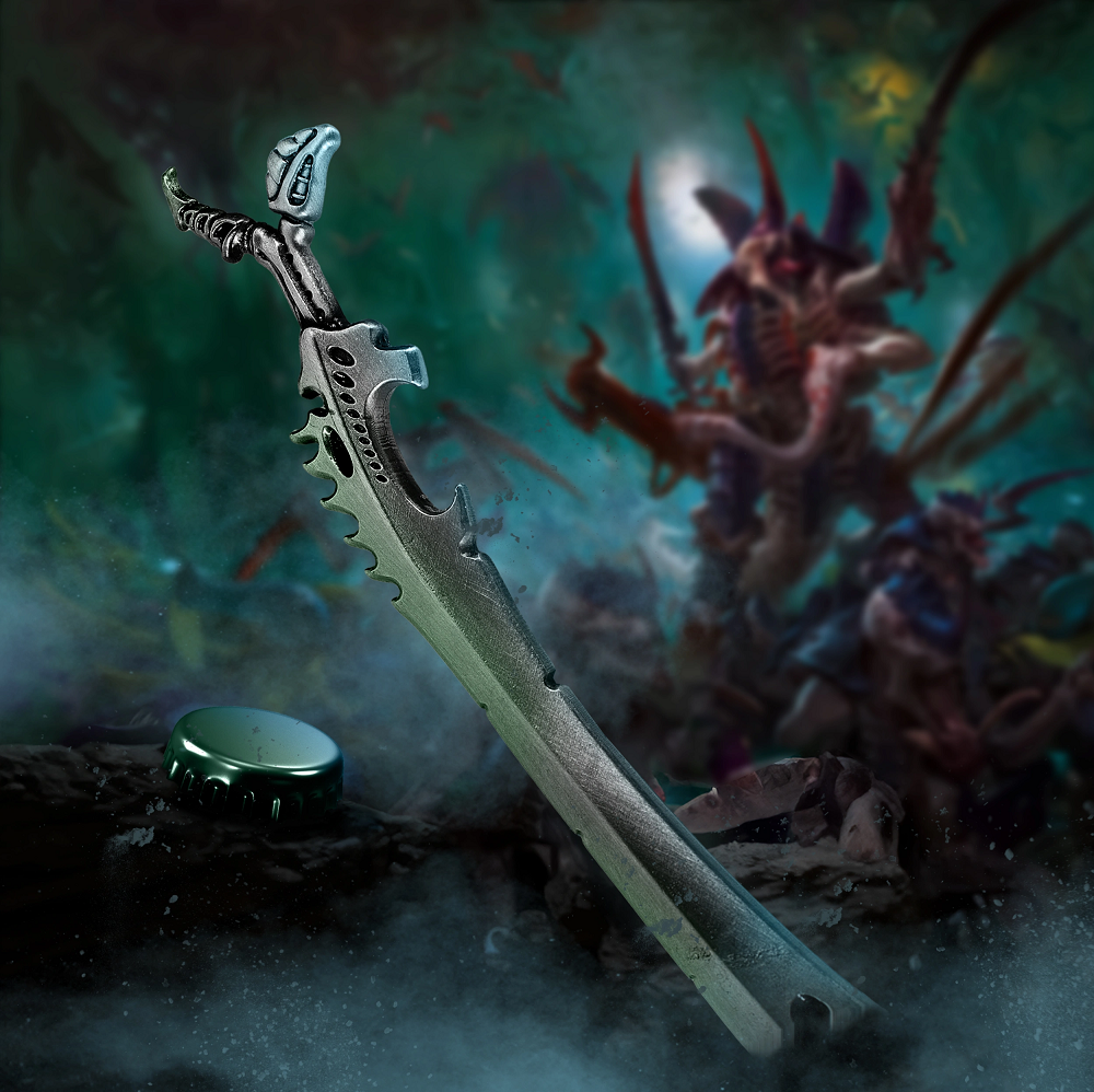 An officially licensed Warhammer Tyranids Bonesword bottle opener forged in the likeness of a Tyranid Bonesword in the foreground with a bottle cap and tyranid in the background