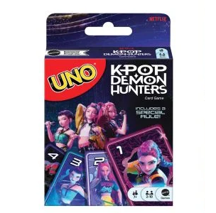 UNO K-POP Demon Hunters card game in its original retail packaging, featuring colorful character artwork and the UNO logo on a dark background. UNO KPop Demon Hunters Card Game