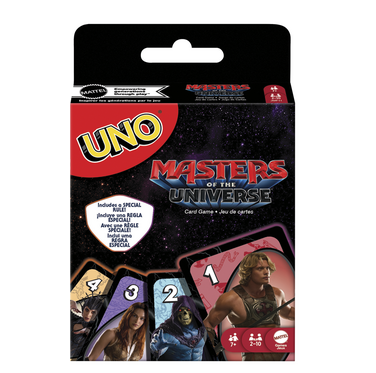 UNO Masters of the Universe card game retail packaging, featuring the UNO logo and MOU artwork on a black hanging card box. UNO Masters of the Universe Movie Card Game