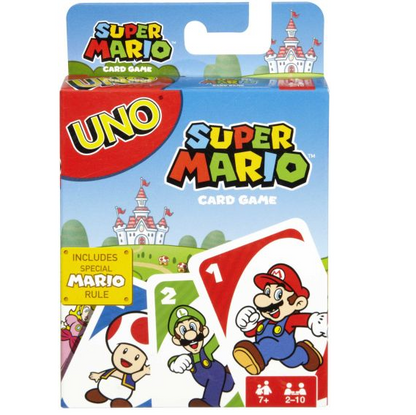 UNO Super Mario Card Game retail box shown against a plain white background, with Mario, Luigi, Toad, and other Super Mario characters printed on the packaging. UNO Super Mario Bros Card Game