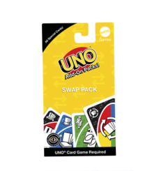 UNO All In On Cards Swap Pack card game packaging, featuring a bright yellow and black card design with colourful card illustrations at the bottom. UNO Swap Pack - Add-On Pack Card Game Expansion for Classic UNO