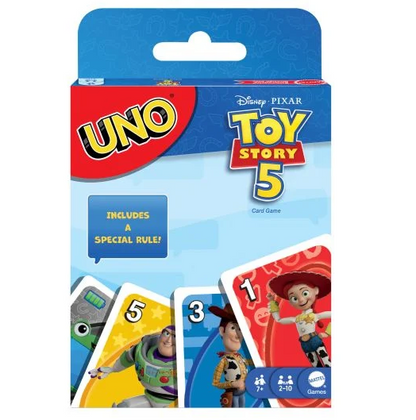 UNO Disney Pixar Toy Story 5 card game package, featuring the blue and red UNO logo, Toy Story branding, and sample character cards including Buzz Lightyear, Woody, and Jessie on a white background. UNO Toy Story 5 Card Game