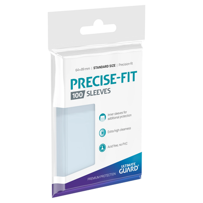Ultimate Guard Precise-Fit Sleeves Standard Size 100 Pack. A clear pack of 100 inner sleeves designed for standard-size trading cards, with a clean, minimalist design and visible Ultimate Guard branding.