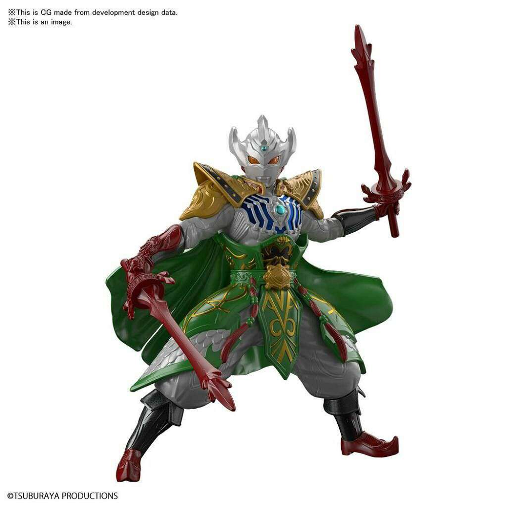 Ultraman Taiga Liu Bei armour model kit featuring 28 parts, vibrant colour plastic, and a movable cloak, showcasing intricate details and dynamic display options