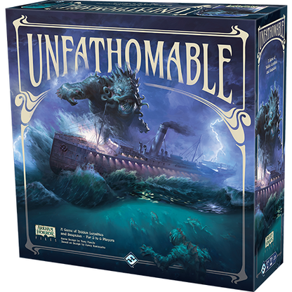 Board game box for 'Unfathomable' featuring dramatic artwork of a giant sea monster rising from stormy blue-green waters toward a ship, with the title in large cream lettering on a dark navy box. Unfathomable - Arkham Horror Files Board Game