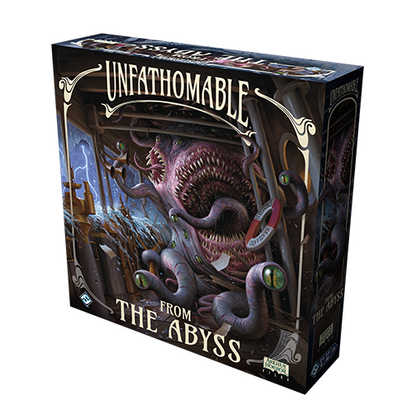 Board game box for 'Unfathomable: From the Abyss' featuring dark fantasy artwork of a giant multi-headed creature in a sewer-like environment, shown on a plain white background. Unfathomable From the Abyss Expansion Arkham Horror Files