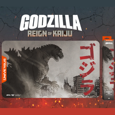 Gaming mat with Godzilla design and packaging on a dark background. Godzilla Reign of Kaiju Playmat Godzilla 1954 UniVersus CCG 24 x 14 inch neoprene playmat