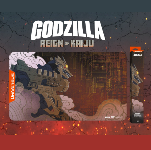 Gaming mat with 'Godzilla: Reign of Kaiju' branding and a small figure on a dark background. UniVersus MechaGodzilla Kiryu Playmat  Godzilla Reign of Kaiju