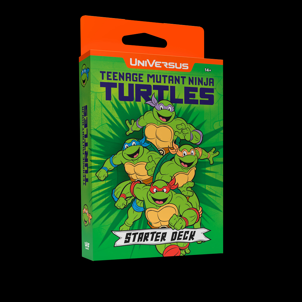 Teenage Mutant Ninja Turtles starter deck packaging with green background and orange top