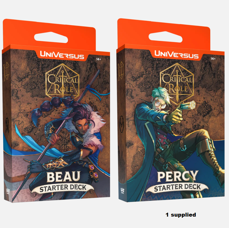 A Universus Critical Role Starter Deck with vibrant artwork, including character cards of Beau or Percy, along with a playmat and guide for easy gameplay.