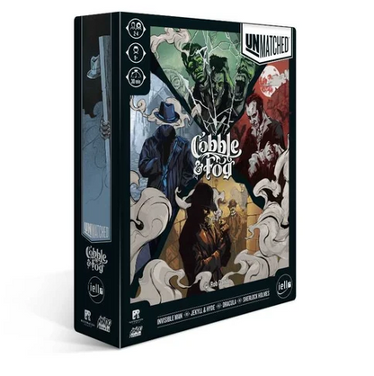 The box art for the board game 'Cobble & Fog' by Invisible Man. The packaging features a highly detailed, multi-colored comic-style illustration of a character in a blue suit and hat surrounded by fog, with other fantasy characters in the background. Unmatched Cobble & Fog skirmish game featuring Sherlock Holmes Dracula Invisible Man and Dr Jekyll and Mr Hyde