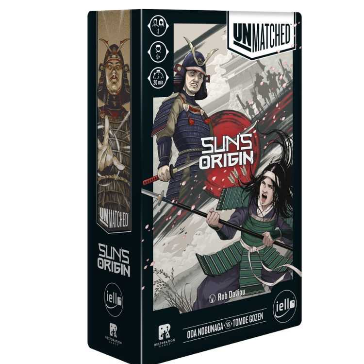 Unmatched Suns Origin board game with Oda Nobunaga and Tomoe Gozen miniatures and cards