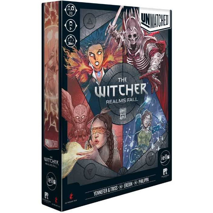 Box cover of Unmatched: The Witcher - Realms Fall, featuring vibrant artwork of Triss, Yennefer, Eredin, and Philippa, designed for competitive tabletop skirmish battles.