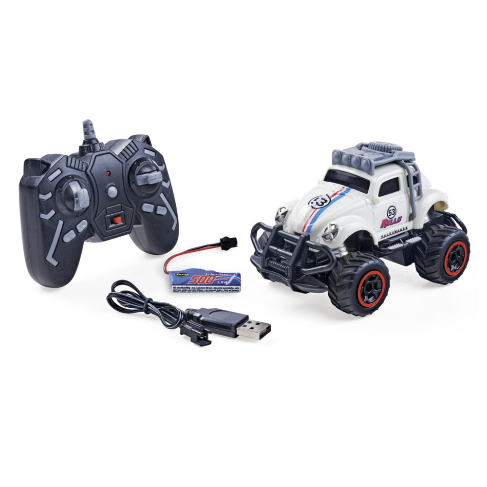 VW Beetle RC Car. Toy monster truck with remote control and USB cable on a white background