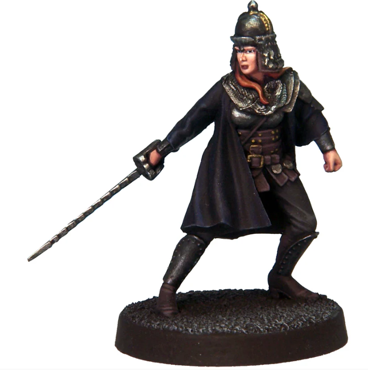 The Valiant Royal is depicted standing sideways, holding a serrated sword low in front of her, with one foot forward in a ready stance, showcasing her readiness to lead and protect