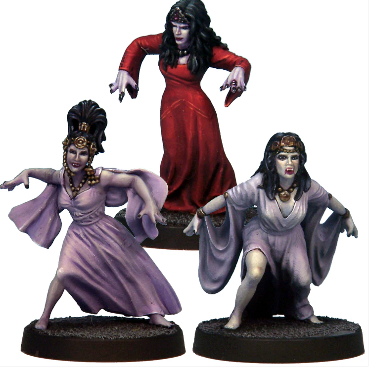 Vampire Brides by Crooked Dice, a pack of three white metal 28mm scale miniatures for your tabletop games representing female classic vampires in great poses making a wonderful edition to your game or diorama