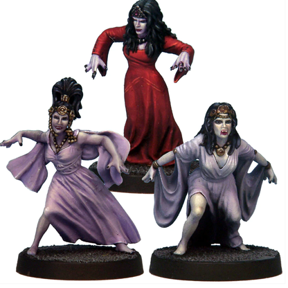 Vampire Brides by Crooked Dice, a pack of three white metal 28mm scale miniatures for your tabletop games representing female classic vampires in great poses making a wonderful edition to your game or diorama