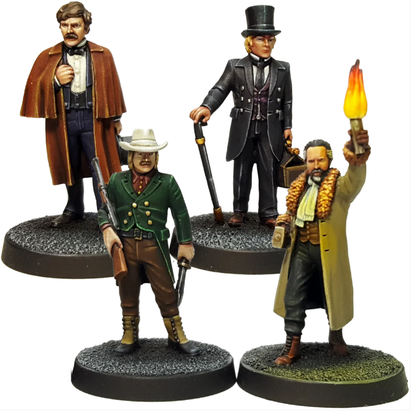 Van Helsing's Agents of Light by Crooked Dice, a pack of four white metal 28mm scale miniatures for your tabletop games representing classic Dracula hunters Arthur Holmwood, Dr John Seward and Quincey Morris, gentlemen in various dress, one has a top hat and cane, the other a long coat with fur collar holding a lit torch, the third wears a cowboy hat and holds a knife in one hand and a shotgun in the other and the fourth holds his tophat in his hand