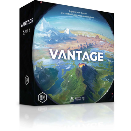 Vantage Board Game By Jamey Stegmaier. Board game box titled 'Vantage' with a scenic design on a white background
