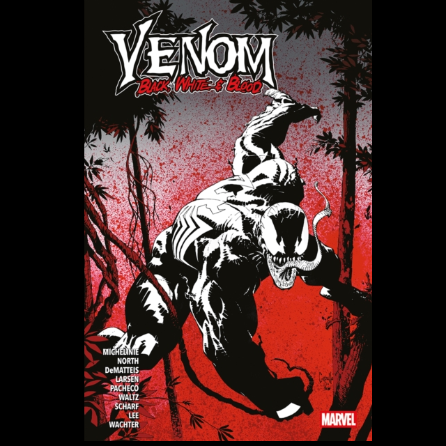 Comic book cover for Venom: Earth, Water & Fire, featuring a black-and-white muscular spider-like character in a jungle scene with red splatter effects and the Marvel logo at the bottom right. Venom: Black, White & Blood paperback graphic novel featuring Marvel Venom stories by David Michelinie, Ryan North and J.M. DeMatteis