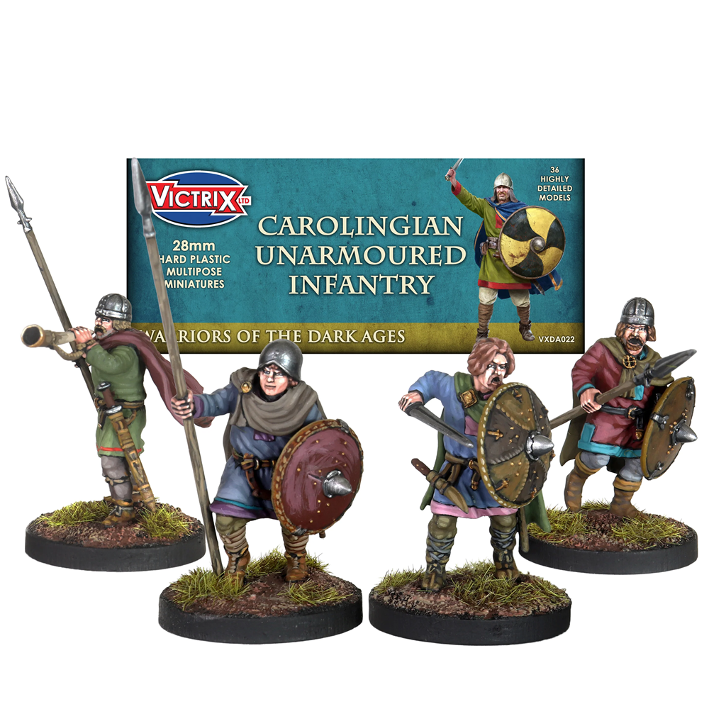 Victrix Carolingian Unarmoured Infantry 28mm hard plastic multi-piece miniatures set, featuring three painted warrior figures with shields and spears displayed in front of their product box on a white background. Victrix Carolingian Unarmoured Infantry 28mm hard plastic multipose miniatures