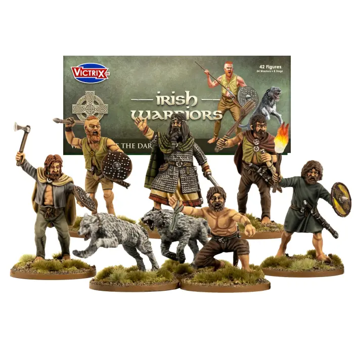 Collection of toy figures of Irish warriors with Victrix branding in the background. Victrix Dark Age Irish and Dogs 28mm historical miniature set with warriors and wolfhounds