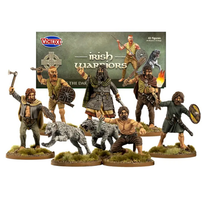 Collection of toy figures of Irish warriors with Victrix branding in the background. Victrix Dark Age Irish and Dogs 28mm historical miniature set with warriors and wolfhounds