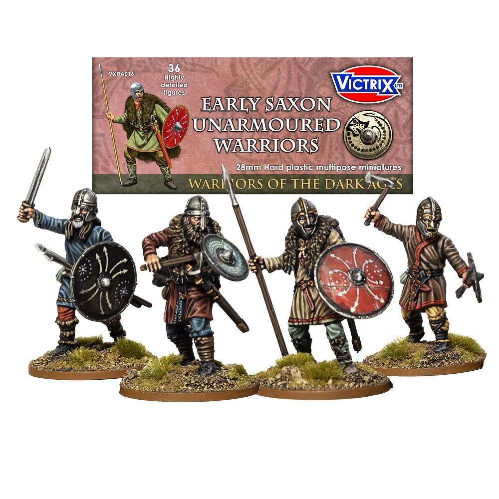 Victrix Early Saxon Unarmoured Warriors. Four early Saxon unarmoured warrior miniatures with Victrix packaging in the background.