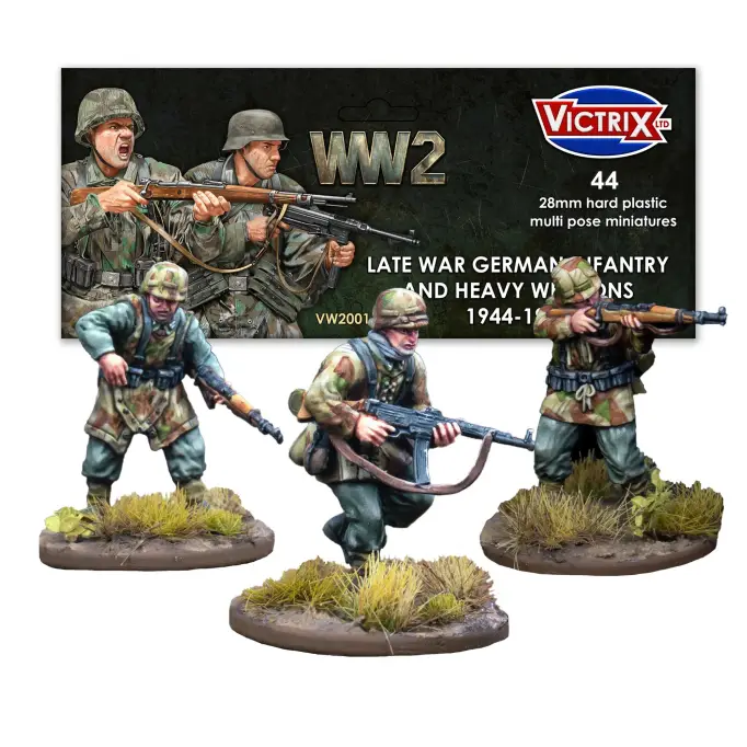 German Infantry & Heavy Weapons set by Victrix includes 44 28mm hard plastic miniatures with unique designs, featuring soldiers in camo smocks and various weapon options.