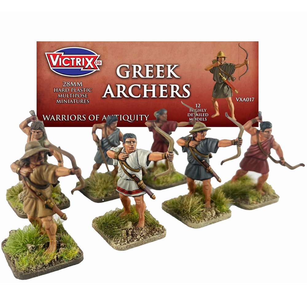 Victrix Greek Archers miniature set, featuring 12 painted 30mm military miniatures of ancient Greek archers on grass bases, shown alongside their product box. Victrix Greek Archer Reinforcement Pack