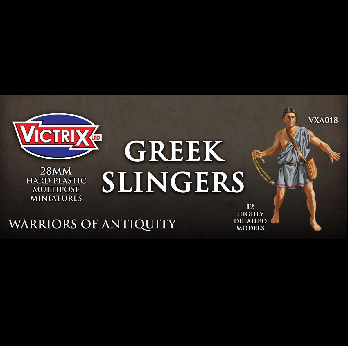 Victrix Greek Slingers box art featuring a painted illustration of a Greek soldier on the right and product text on a dark textured background. Greek Slinger Reinforcement Pack 