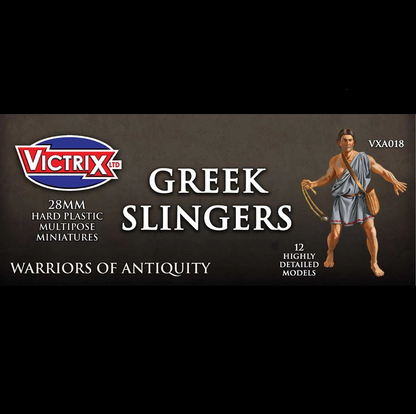 Victrix Greek Slingers box art featuring a painted illustration of a Greek soldier on the right and product text on a dark textured background. Greek Slinger Reinforcement Pack 