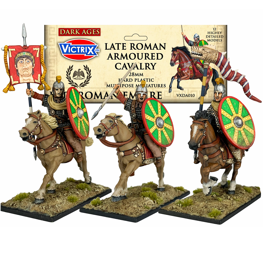 Victrix Late Roman Armoured Cavalry. Three Late Roman Armoured Cavalry figurines with a Victrix box in the background.