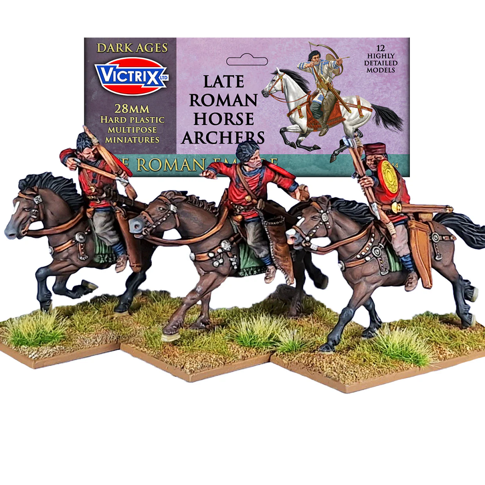 Victrix Late Roman Horse Archers. Miniatures of Late Roman Horse Archers with packaging in the background