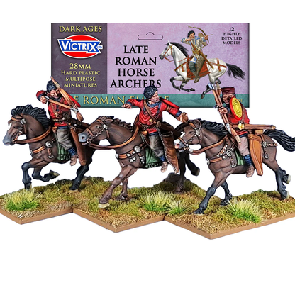 Victrix Late Roman Horse Archers. Miniatures of Late Roman Horse Archers with packaging in the background