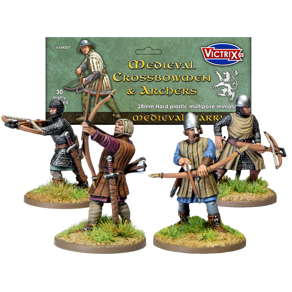 Victrix Medieval Crossbowmen & Archers 28mm hard plastic miniatures. 30 multipose figures for Crusades and medieval European wargames.