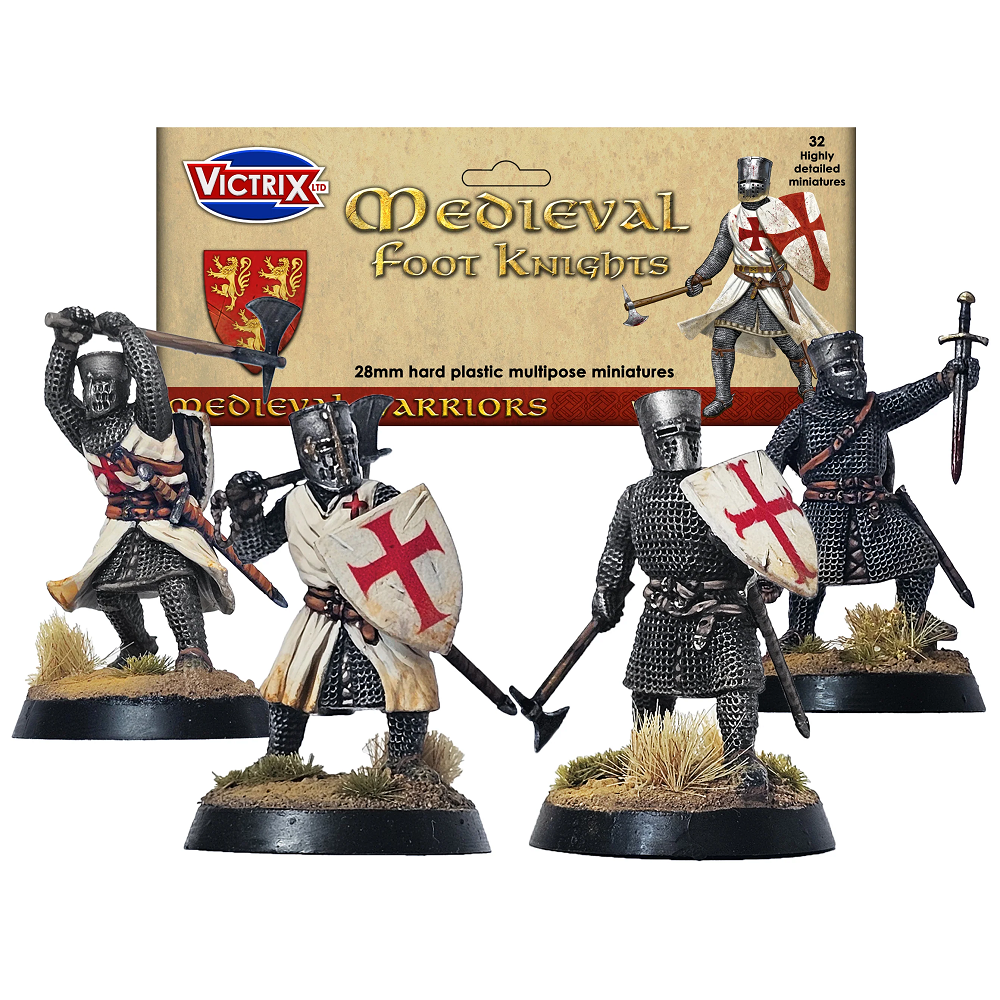 Victrix Medieval Foot Knights 28mm Plastic Miniatures. Set of medieval foot knights miniatures with packaging displaying Victrix branding.
