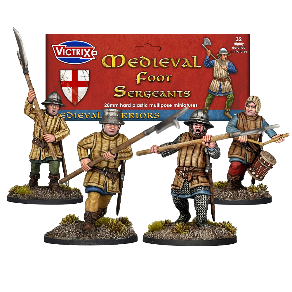 Medieval foot sergeants miniatures with Victrix packaging on a white background
