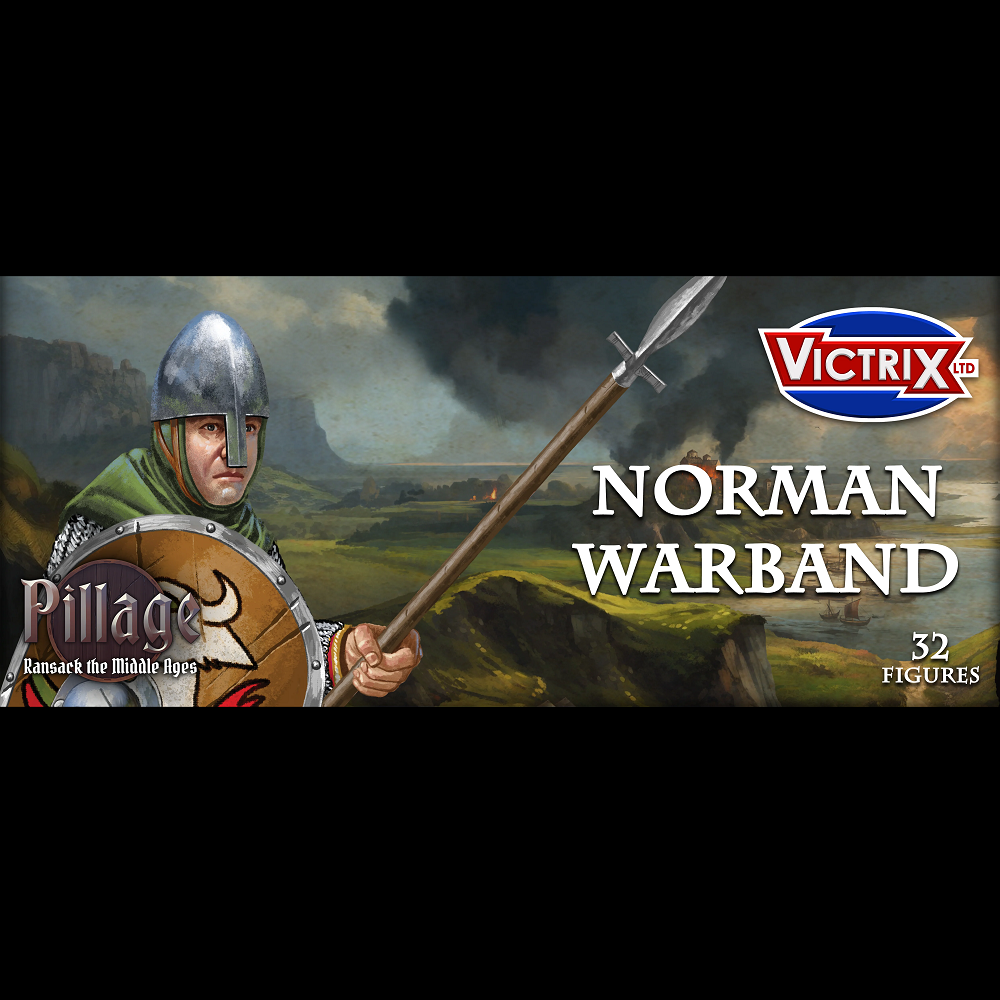 Victrix Norman Warband. Promotional image for 'Pillage: A Game of Normandy' with a Norman warrior figure, shield, and spear, featuring the Victrix logo.