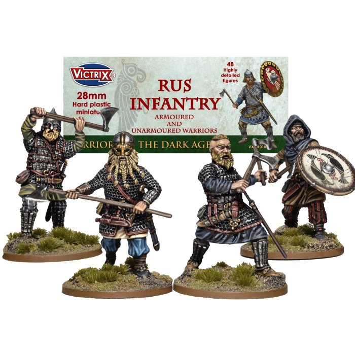 Victrix Rus Infantry. A 48-figure 28mm plastic set for mass battles. Includes armoured and unarmoured warriors, weapon options, and shields. Assembly required.
