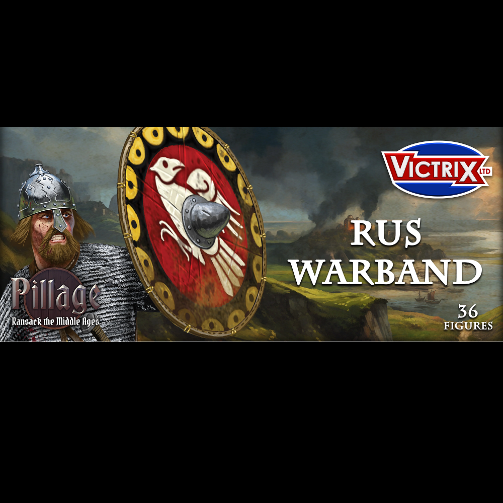 Victrix Rus Warband. Collection of 36 unpainted plastic miniatures for Victrix Rus Warband, featuring unarmoured and armoured warriors, including a warlord, standard bearers, and archers, requiring assembly.