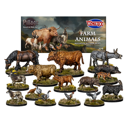 Collection of Victrix farm animal figurines with a box in the background