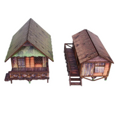 Two wooden model cabins with tha...